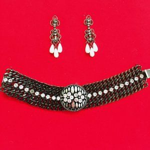Style Vintage Black Chain Link Rhinestone Bracelet with Earrings